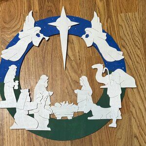 Vintage Hand-Carved Wooden Nativity Scene Wreath, Christmas Wall Decor,